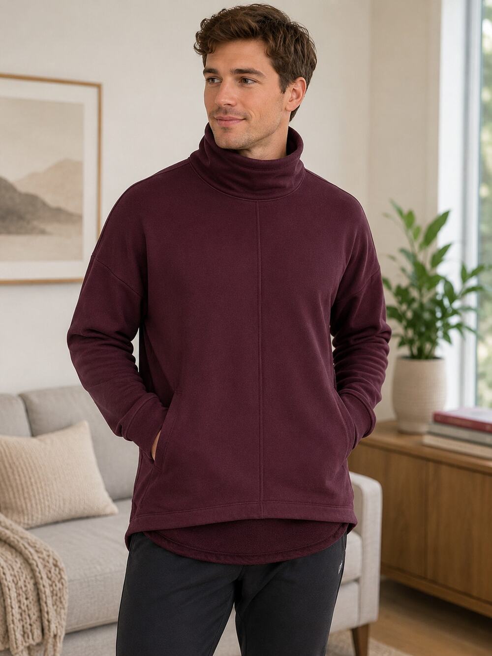 Athleta Men’s Small Maroon Turtleneck Pullover Sweatshirt Pockets
